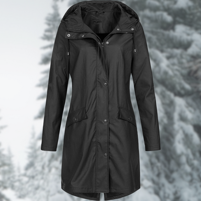Claire | Long Hooded Rain Jacket with Snap Button Closure