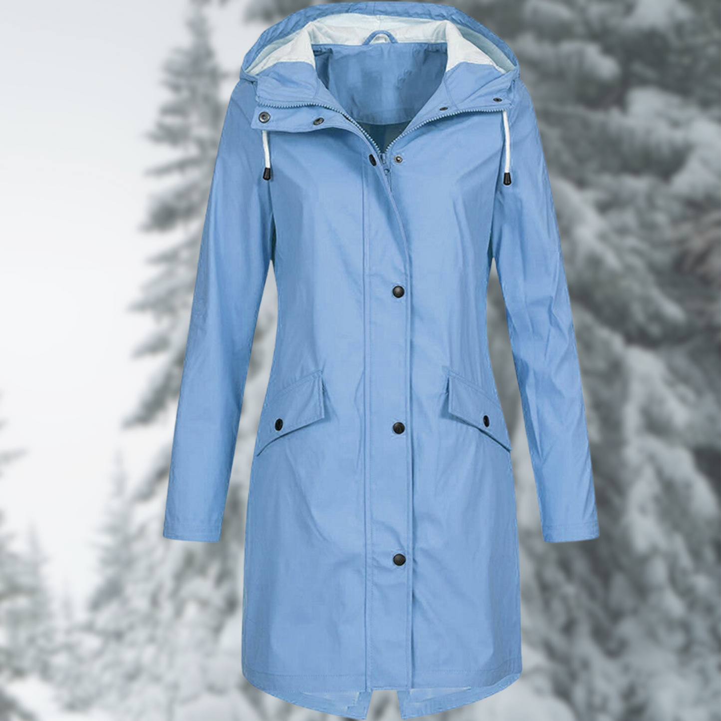 Claire | Long Hooded Rain Jacket with Snap Button Closure