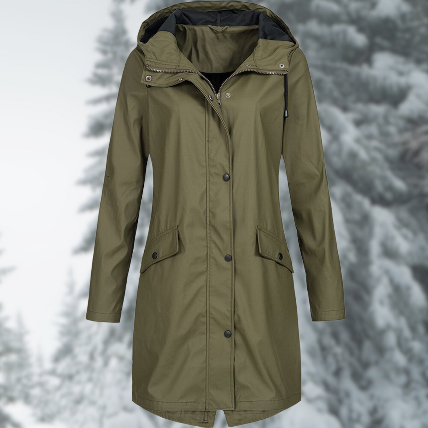 Claire | Long Hooded Rain Jacket with Snap Button Closure