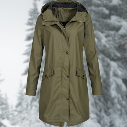 Claire | Long Hooded Rain Jacket with Snap Button Closure