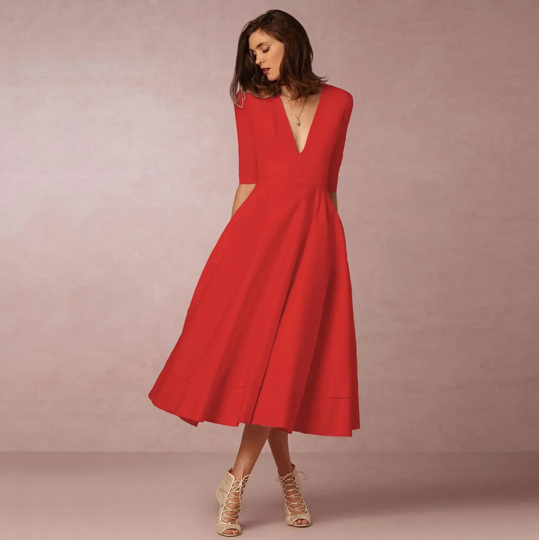 Vespera | Women’s Soft Fabric V-Neck Midi Dress | Versatile