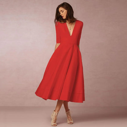 Hanna | Women elegant midi dress with V-neck and fitted waist