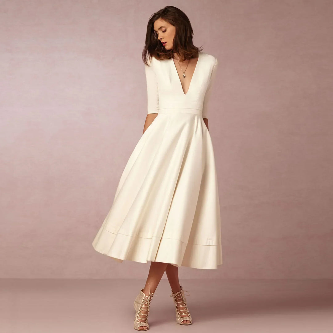 Vespera | Women’s Soft Fabric V-Neck Midi Dress | Versatile