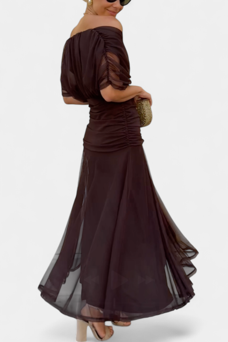 Velaria | Women Off Shoulder Maxi Dress with Ruched Bodice and Flowing Skirt