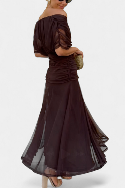 Velaria | Women Off Shoulder Maxi Dress with Ruched Bodice and Flowing Skirt