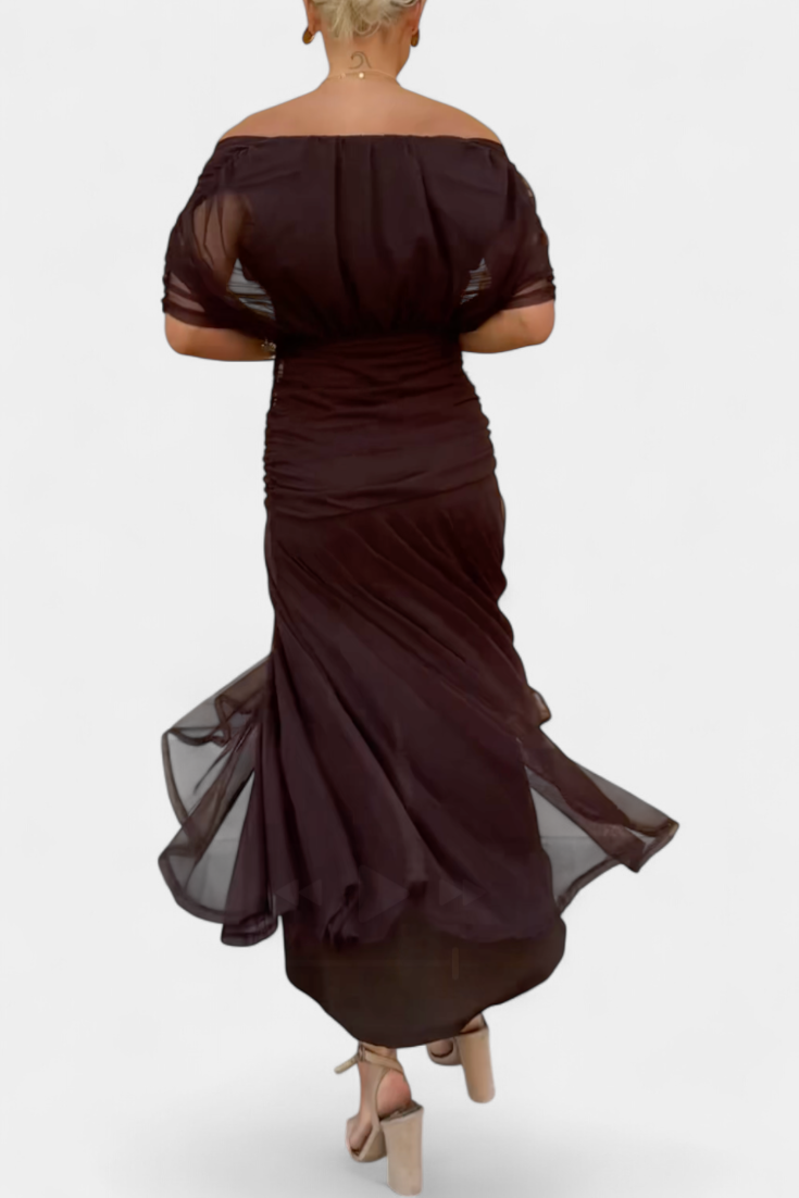 Velaria | Women Off Shoulder Maxi Dress with Ruched Bodice and Flowing Skirt