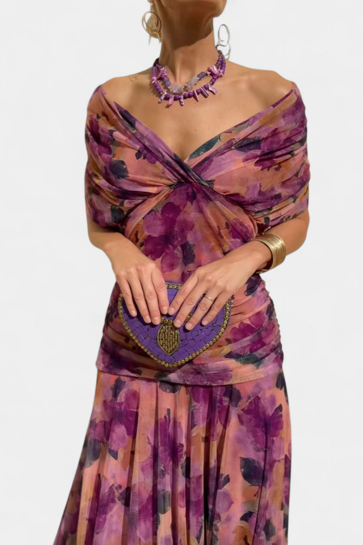 Velaria | Women Off Shoulder Maxi Dress with Ruched Bodice and Flowing Skirt