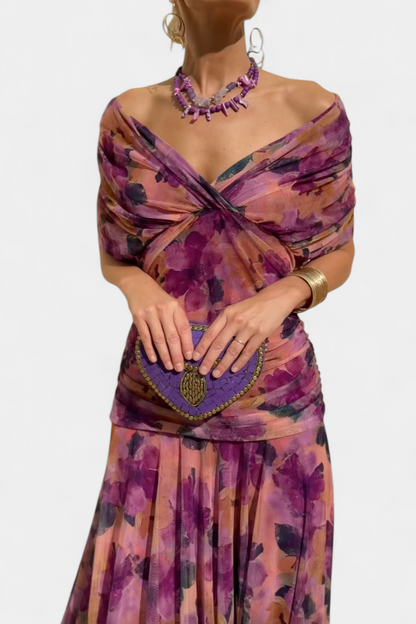 Velaria | Women Off Shoulder Maxi Dress with Ruched Bodice and Flowing Skirt