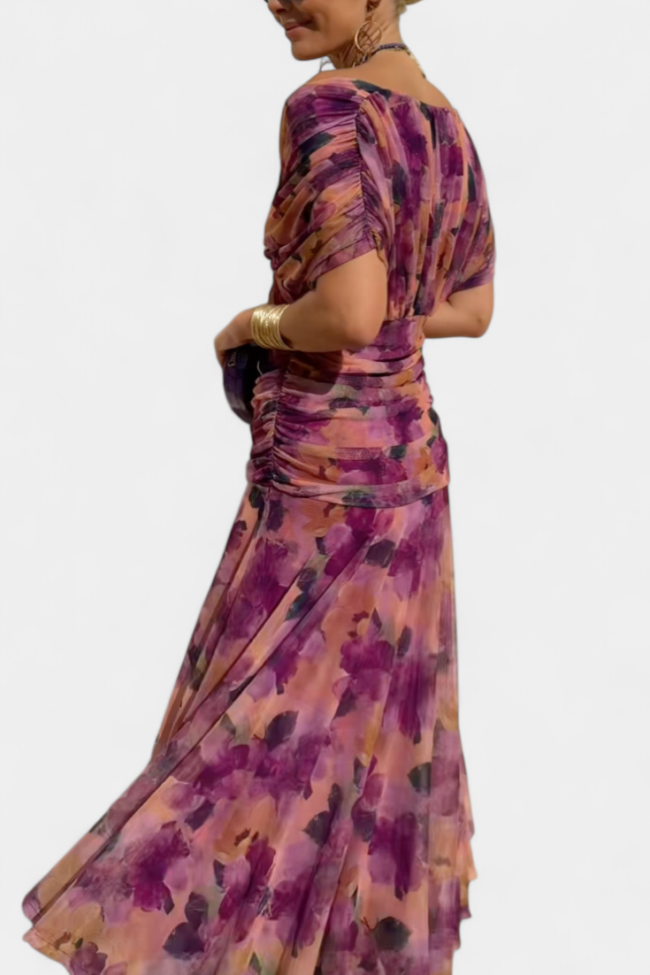 Velaria | Women Off Shoulder Maxi Dress with Ruched Bodice and Flowing Skirt