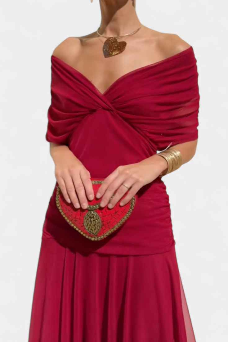 Velaria | Women Off Shoulder Maxi Dress with Ruched Bodice and Flowing Skirt