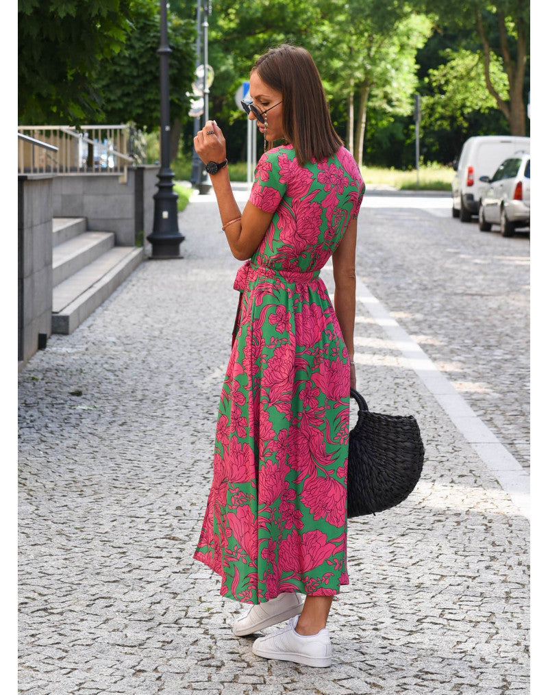 Ferlina | Women Floral Wrap Midi Dress with V Neck and Short Sleeves