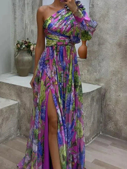 Calira | Printed one shoulder maxi dress with side slit