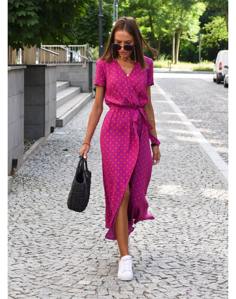 Ferlina | Women Floral Wrap Midi Dress with V Neck and Short Sleeves