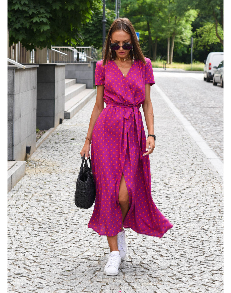 Ferlina | Women Floral Wrap Midi Dress with V Neck and Short Sleeves