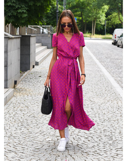Ferlina | Women Floral Wrap Midi Dress with V Neck and Short Sleeves