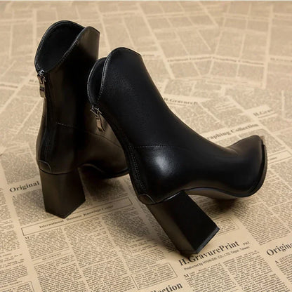 Avery | Leather Ankle Boots with Pointed Toe and Block Heel