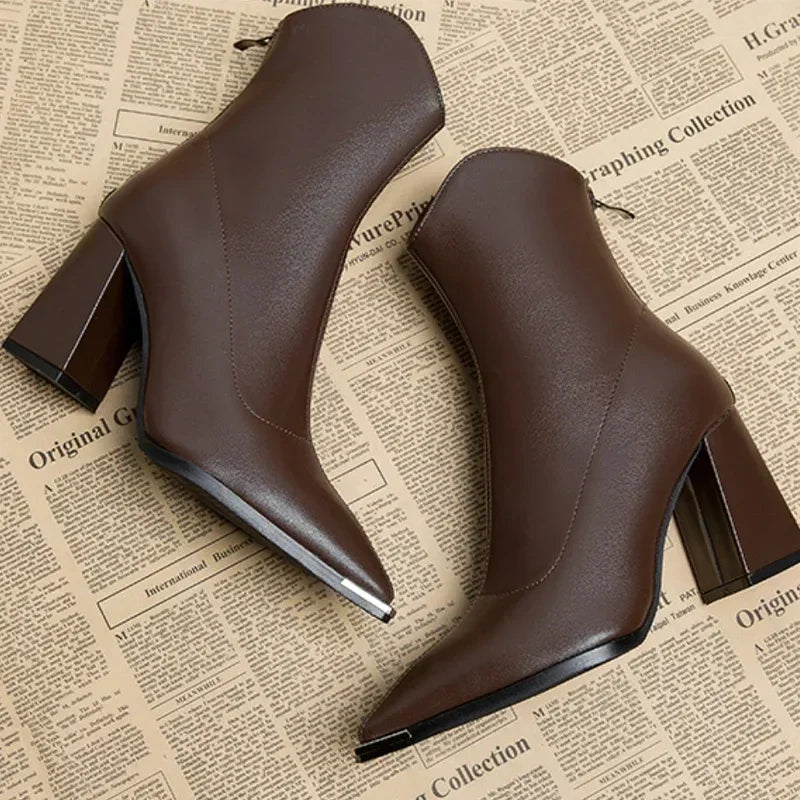 Avery | Leather Ankle Boots with Pointed Toe and Block Heel