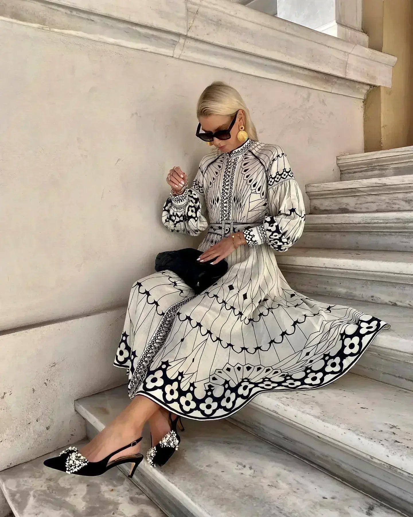 Clara | Women's A line midi dress with printed long sleeve