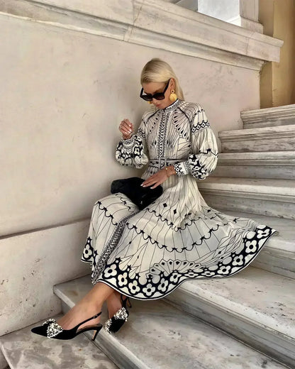 Clara | Women's A line midi dress with printed long sleeve