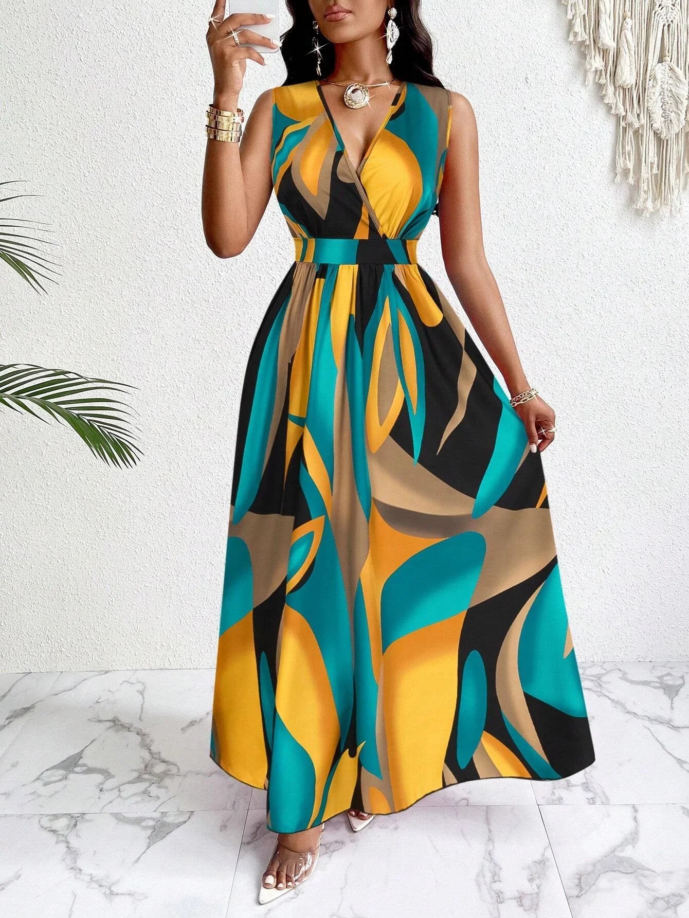 Estelle | Women’s V-Neck Sleeveless Maxi Dress with Abstract Print