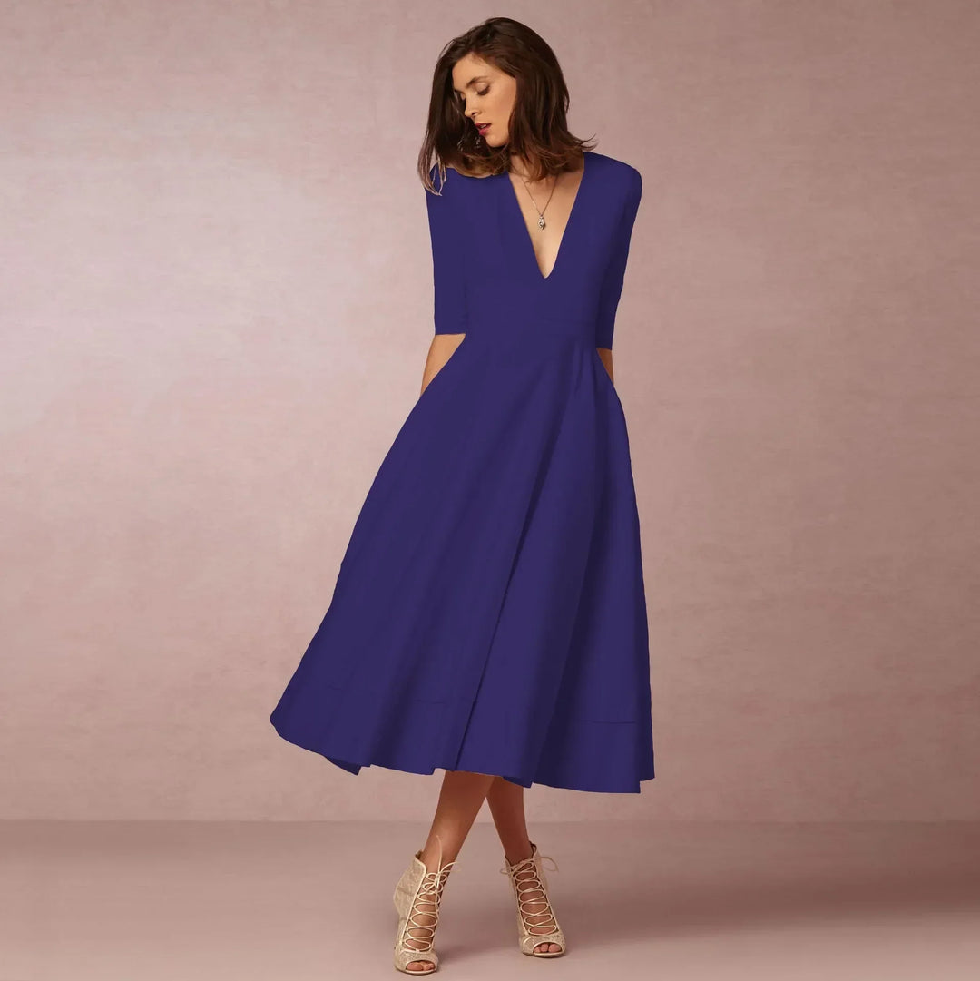 Vespera | Women’s Soft Fabric V-Neck Midi Dress | Versatile