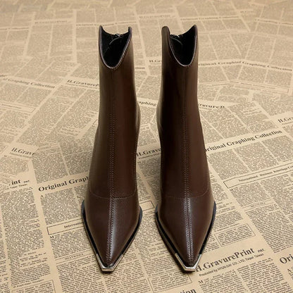 Avery | Leather Ankle Boots with Pointed Toe and Block Heel