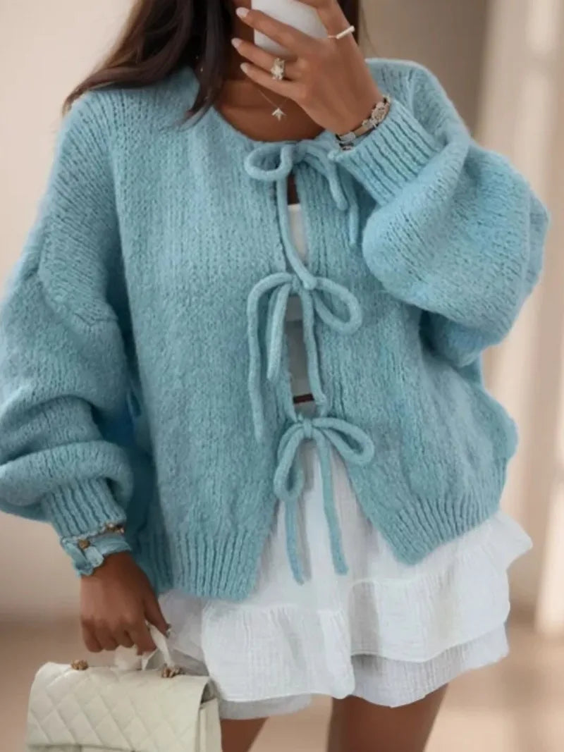 Violet | Knit Cardigan with Bow Closure and Bohemian Style
