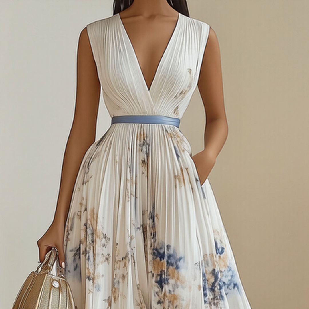 Della | Women’s Elegant V-Neck Maxi Dress | Pleated