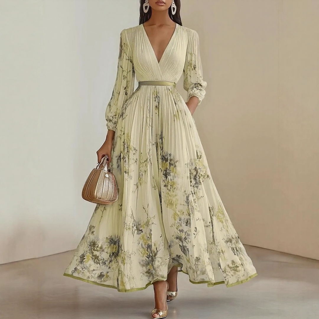 Della | Women’s Elegant V-Neck Maxi Dress | Pleated