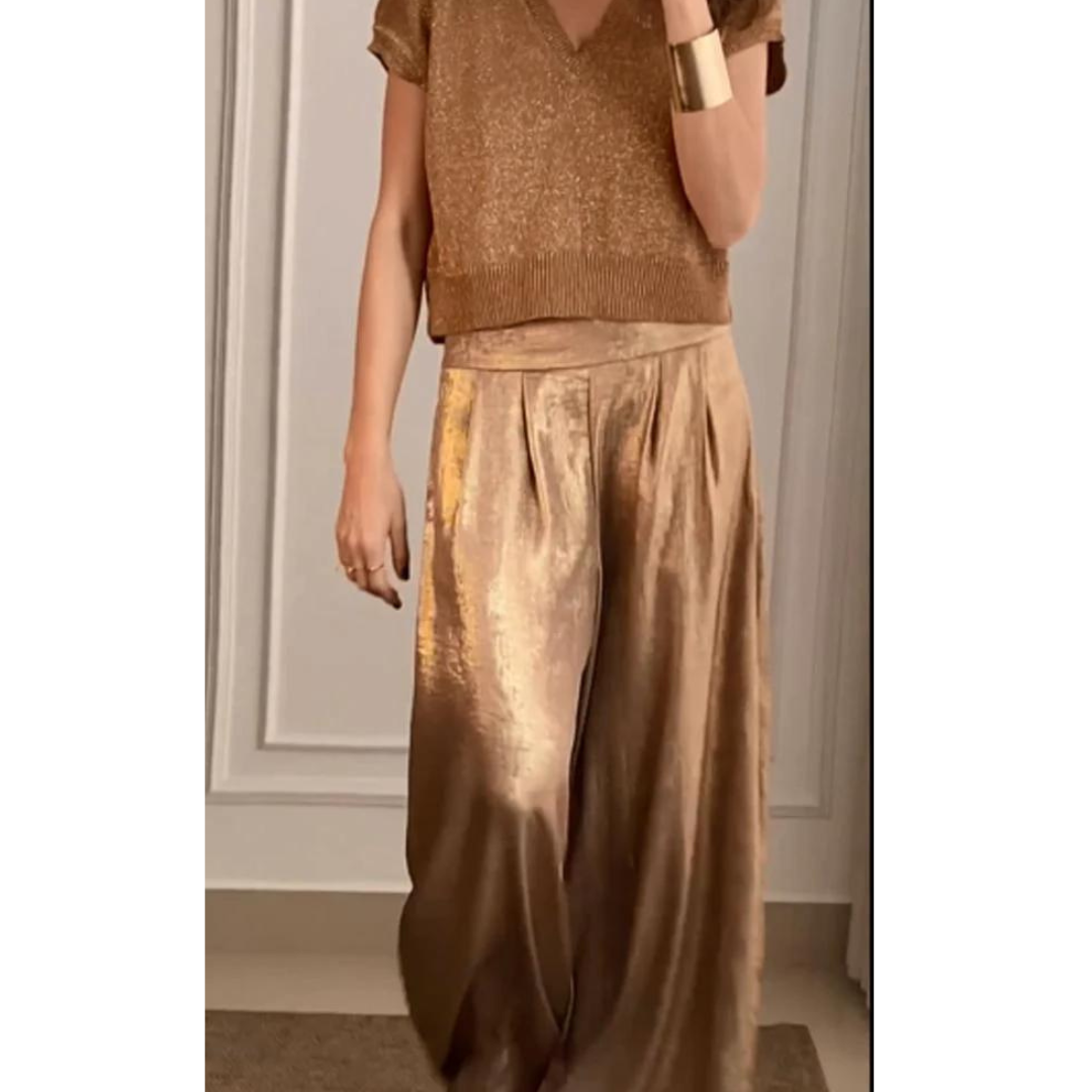 Alzena | Women Two Piece Set with Short Sleeve V Neck Top and Wide Leg Pants
