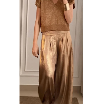 Alzena | Women Two Piece Set with Short Sleeve V Neck Top and Wide Leg Pants