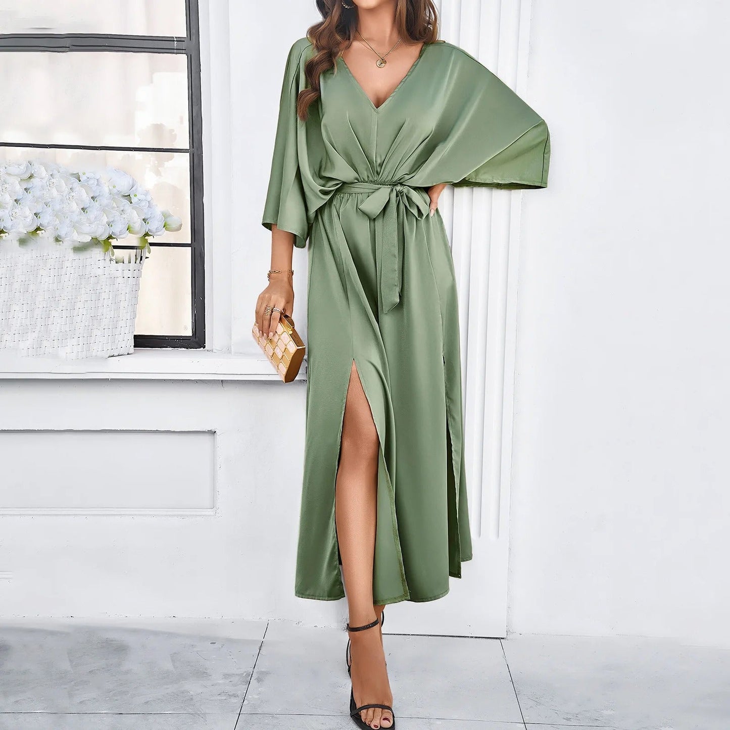 Eliza | Women's maxi dress with V neck tie waist side slit