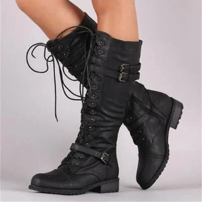 Hannah | Women's Rugged Trendy Knee-high Boots with Lacing and Buckles