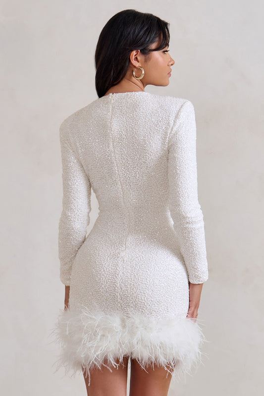 Harper | Elegant mini dress with feather trim hem
