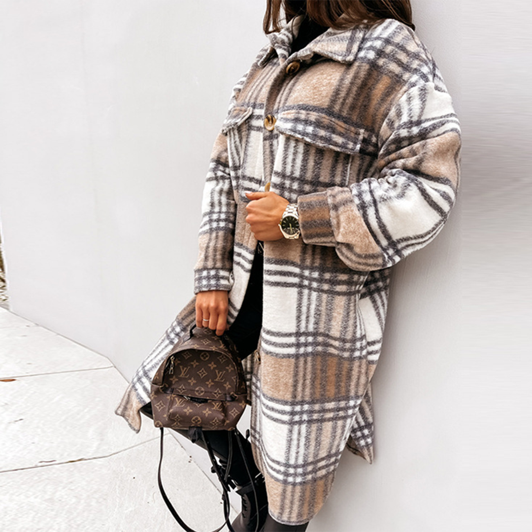 Margaret | Women's Plaid Long Coat with Chest Pockets