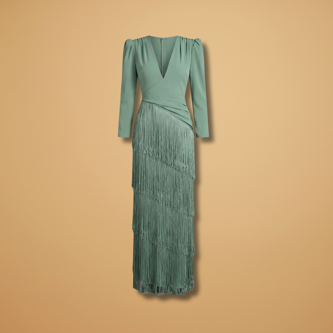 Amelia | Women’s banquet dress with V neck tassel hem