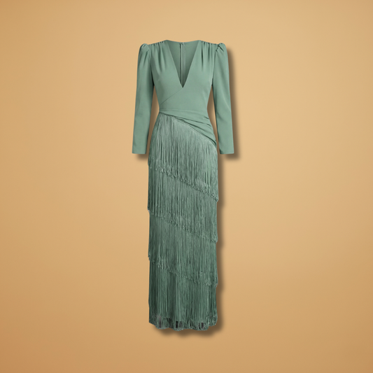 Amelia | Women’s banquet dress with V neck tassel hem
