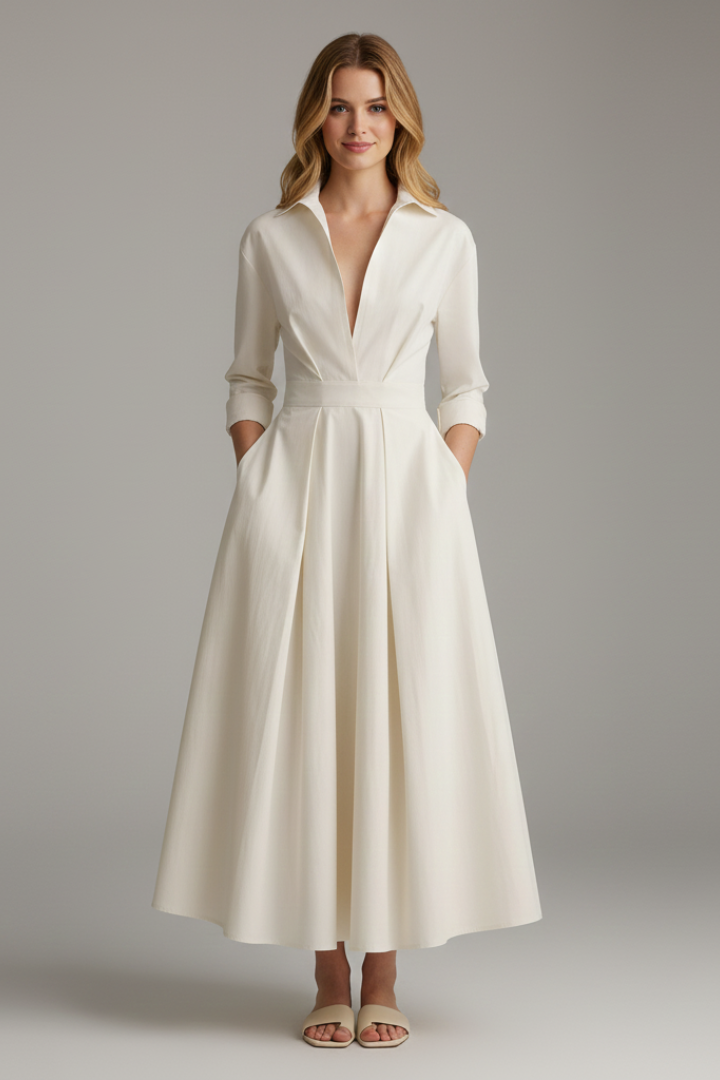 Delira | Women midi dress with shirt collar and long sleeves