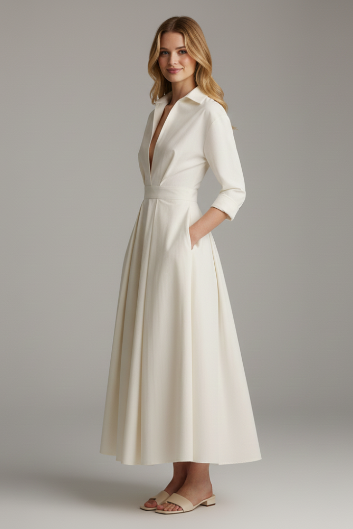 Delira | Women midi dress with shirt collar and long sleeves