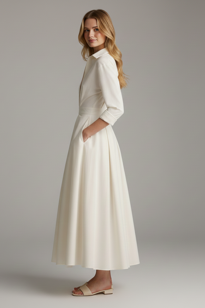 Delira | Women midi dress with shirt collar and long sleeves