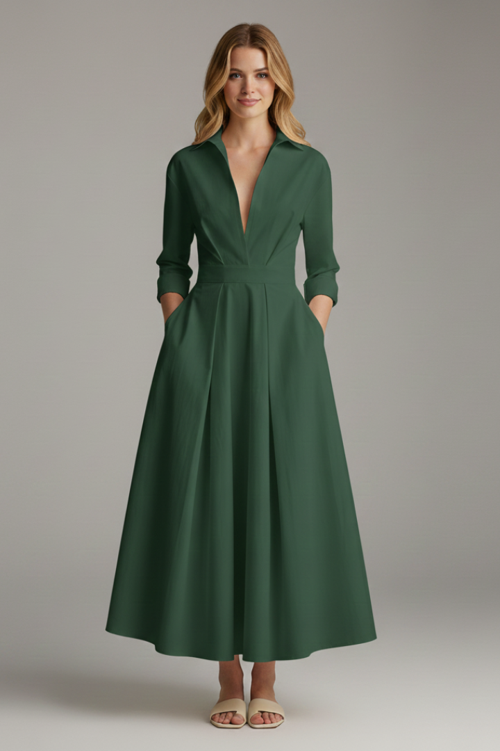 Delira | Women midi dress with shirt collar and long sleeves