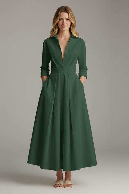 Delira | Women midi dress with shirt collar and long sleeves