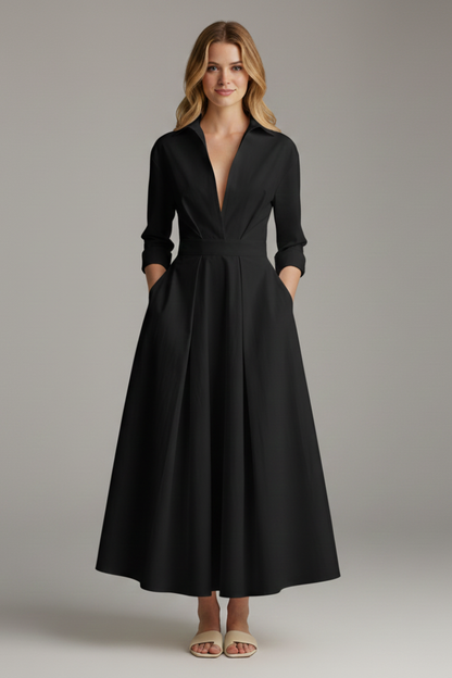 Delira | Women midi dress with shirt collar and long sleeves