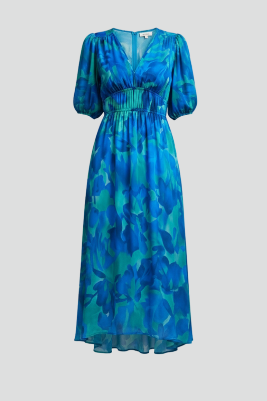Mirela | Women midi dress with puff sleeves and V neckline
