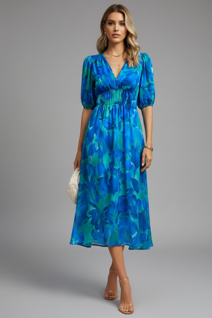 Mirela | Women midi dress with puff sleeves and V neckline