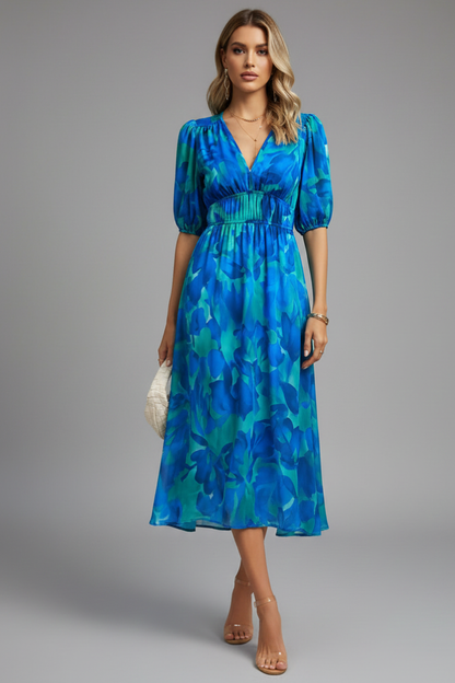 Mirela | Women midi dress with puff sleeves and V neckline