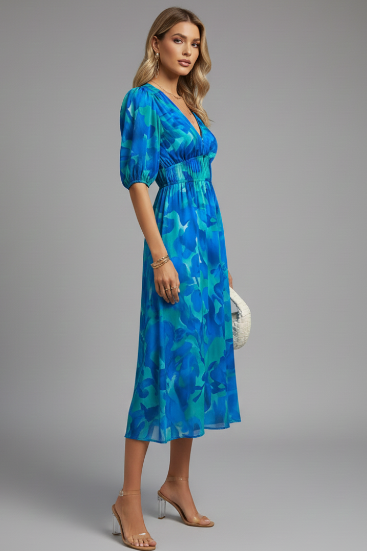 Mirela | Women midi dress with puff sleeves and V neckline