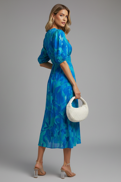 Mirela | Women midi dress with puff sleeves and V neckline