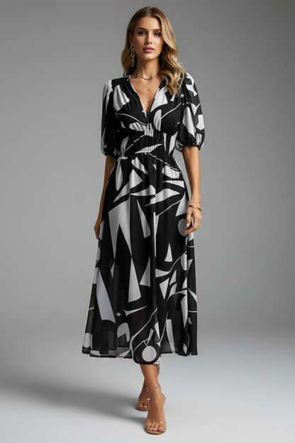 Mirela | Women midi dress with puff sleeves and V neckline