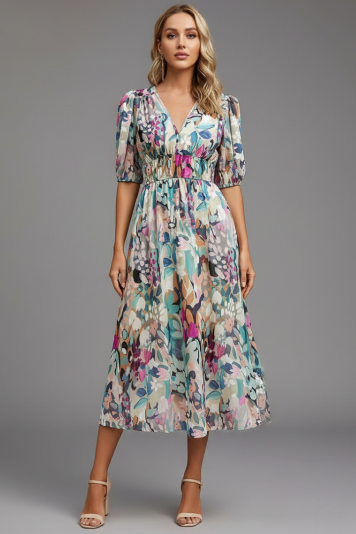 Mirela | Women midi dress with puff sleeves and V neckline